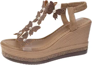 Womens Sandals Wedge Sandals Butterfly Dressy Sandals Elastic Ankle Strap Rhinestone Sandals Summer Comfortable Shoes