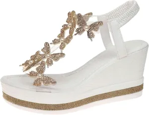 Womens Sandals Wedge Sandals Butterfly Dressy Sandals Elastic Ankle Strap Rhinestone Sandals Summer Comfortable Shoes