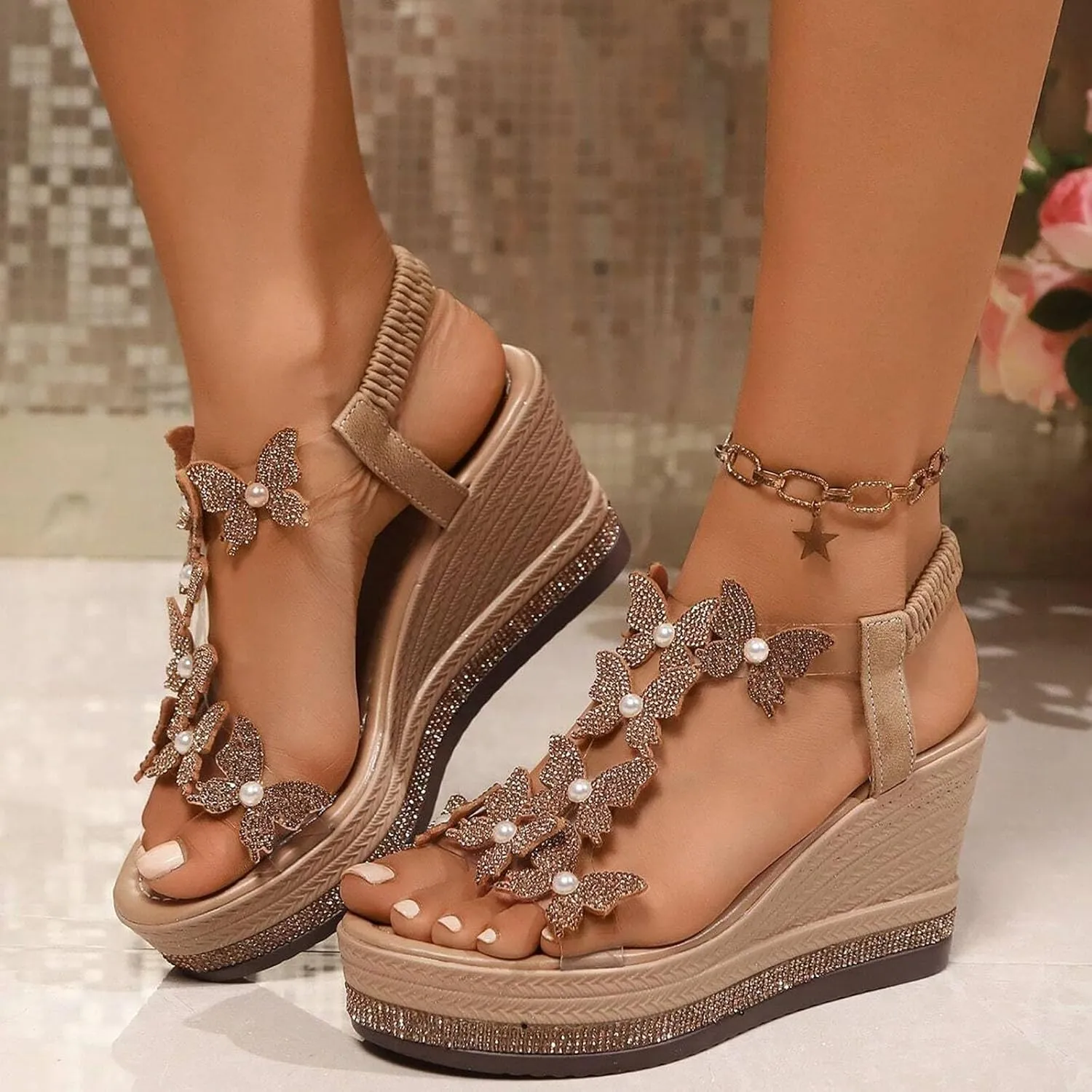 Womens Sandals Wedge Sandals Butterfly Dressy Sandals Elastic Ankle Strap Rhinestone Sandals Summer Comfortable Shoes