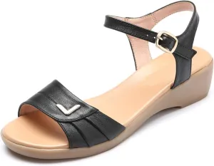 Womens Sandals Women's summer flat-soled genuine leather soft sole comfortable casual elderly middle-aged ladies sandals