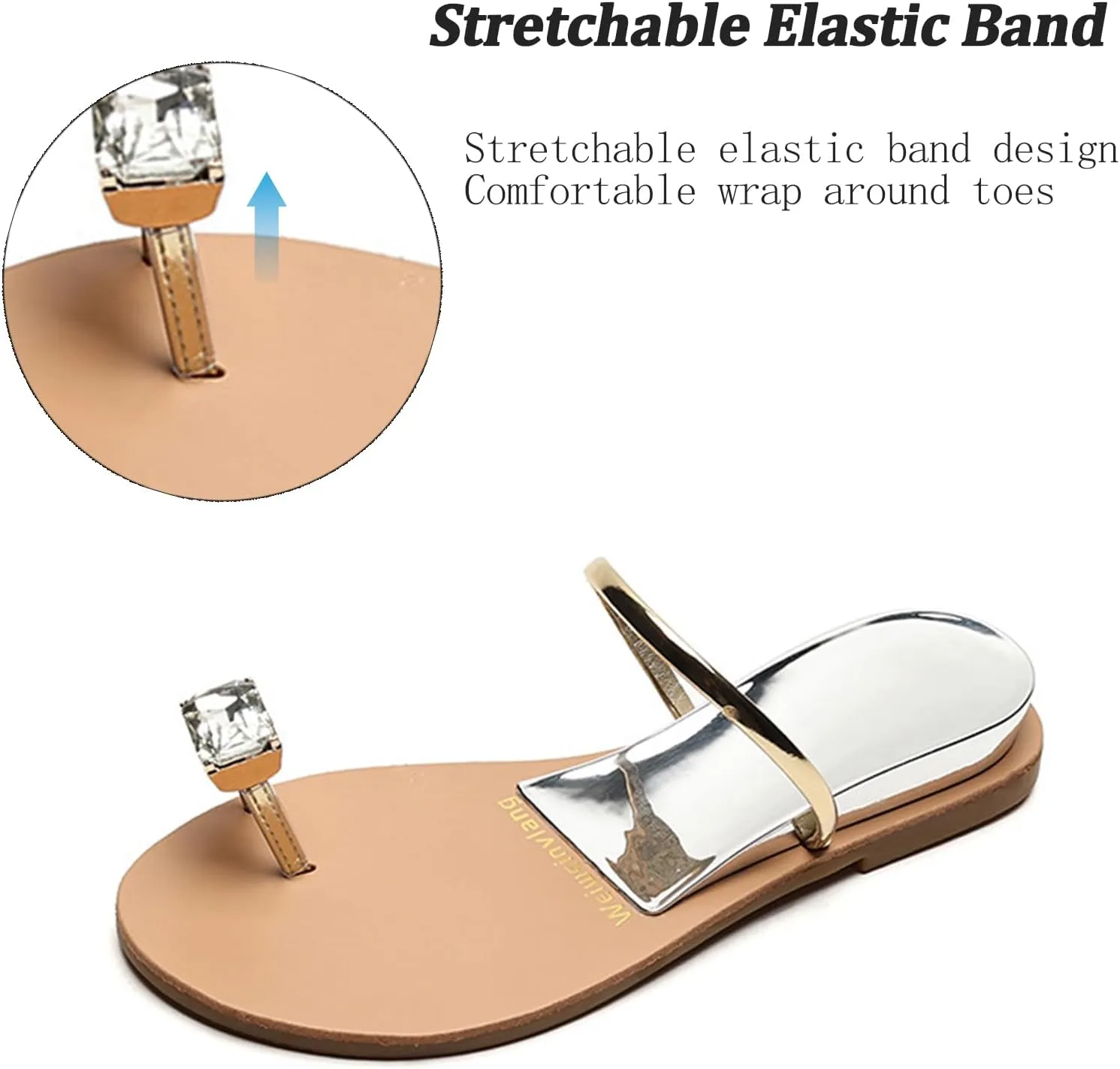 Womens Silver Rhinestone Beach Wedding Summer Jeweled Sandals Slip on Toe Ring Loop Bling Jelly Flat Gladiator Sandals Dress Dressy Wedges Bohemia Flip Flops Thong Sandal
