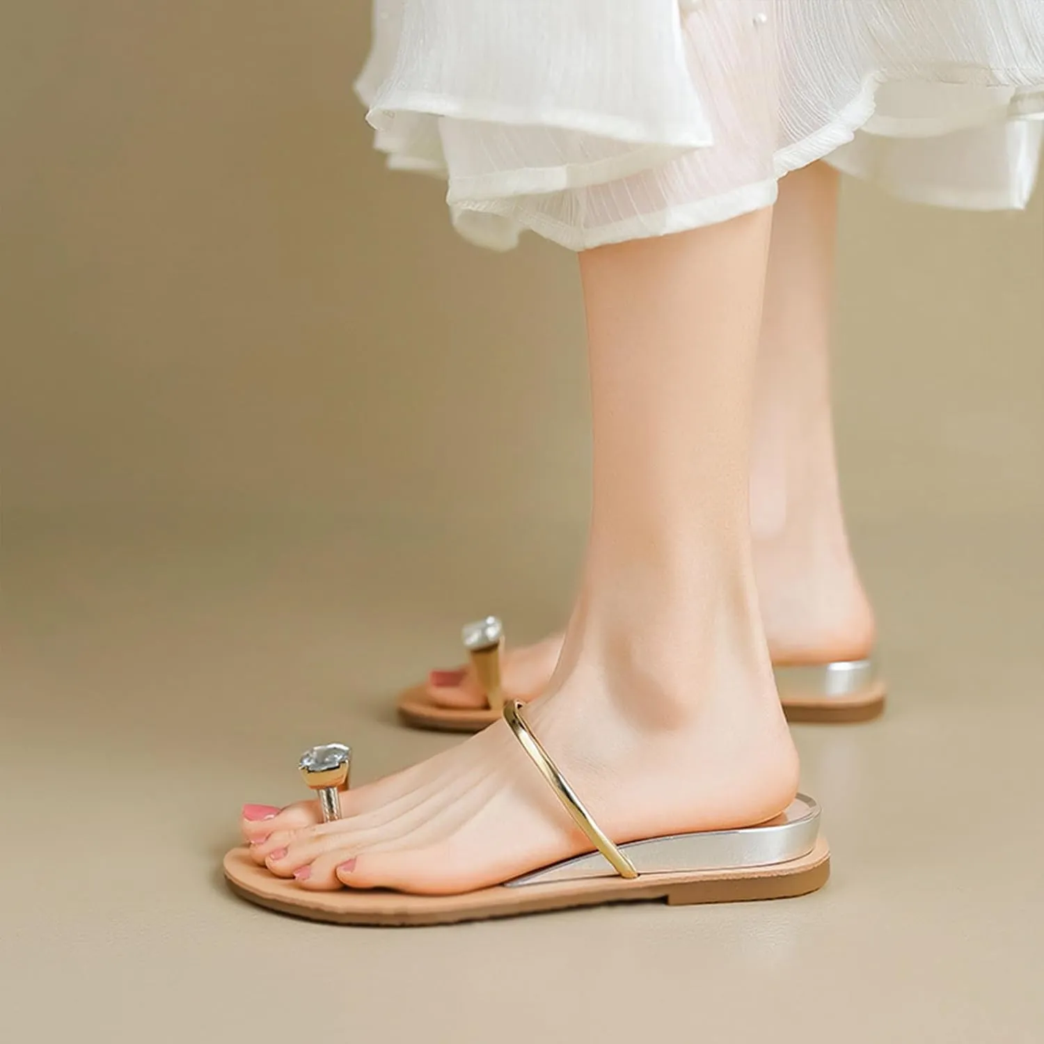 Womens Silver Rhinestone Beach Wedding Summer Jeweled Sandals Slip on Toe Ring Loop Bling Jelly Flat Gladiator Sandals Dress Dressy Wedges Bohemia Flip Flops Thong Sandal