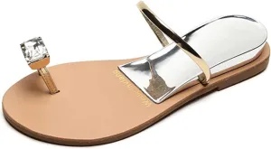 Womens Silver Rhinestone Beach Wedding Summer Jeweled Sandals Slip on Toe Ring Loop Bling Jelly Flat Gladiator Sandals Dress Dressy Wedges Bohemia Flip Flops Thong Sandal