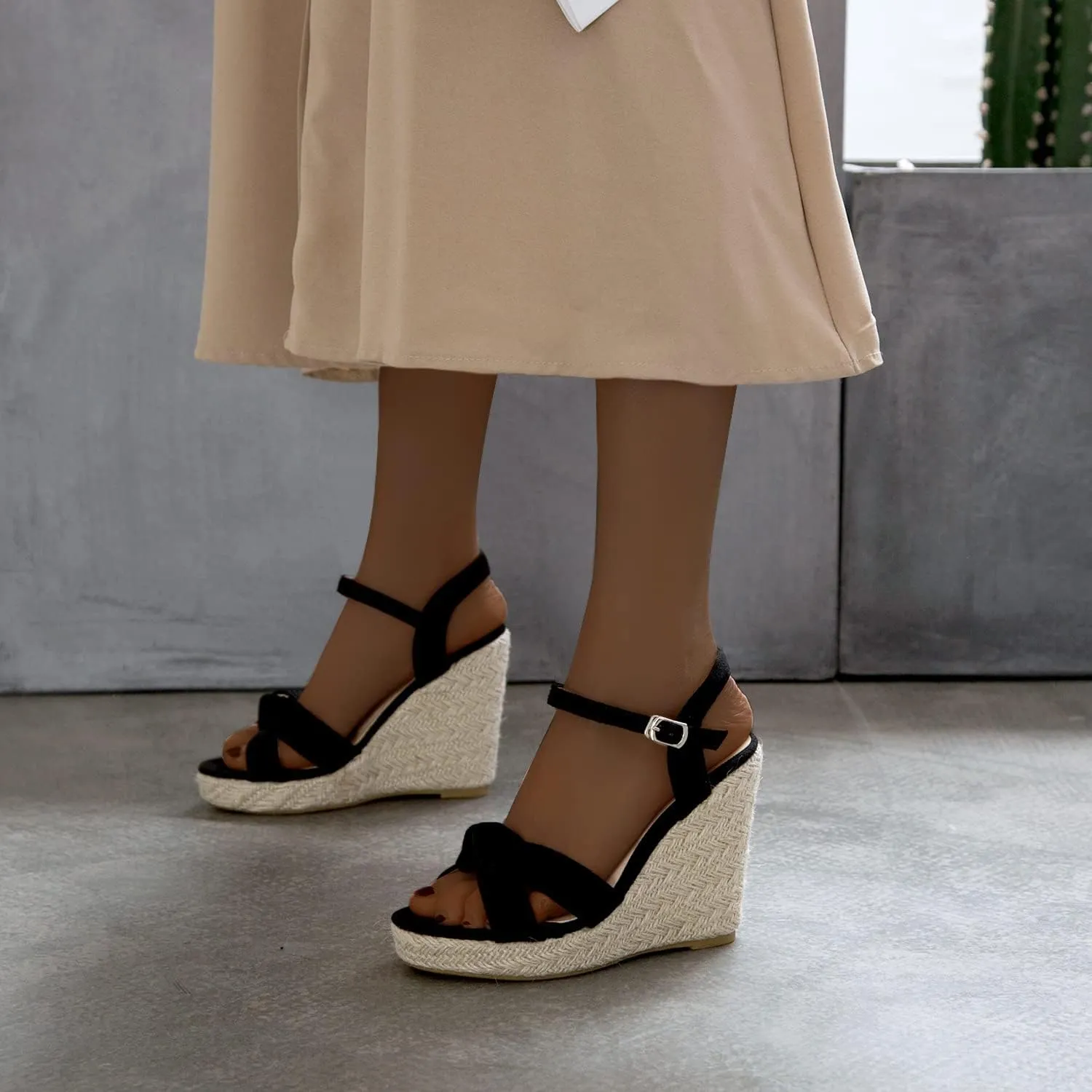 Women's Slide Sandal Open Toe Espadrilles Wedge Sandals for Women Dressy Platform Slip On Sandal with Adjustable Ankle Strap and Soft Footbed