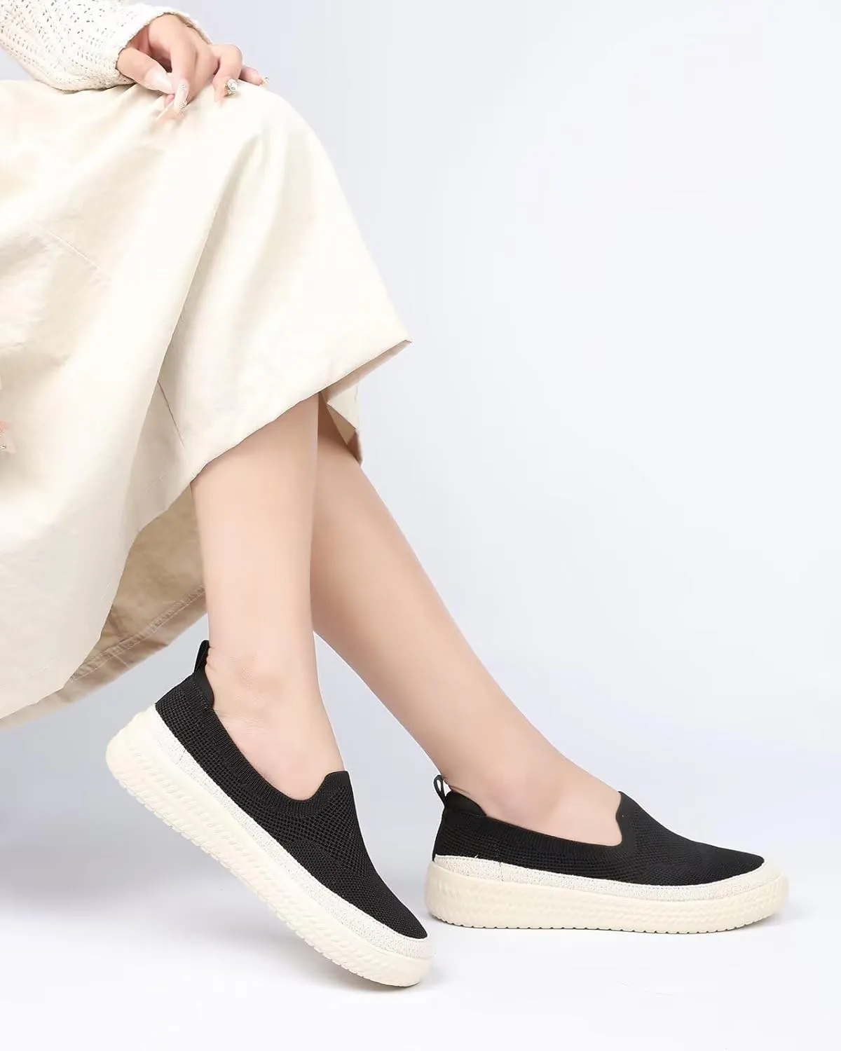Women's Slip-on Loafers Flats Knit Walking Penny Shoes Soft Work Office Comfort Sneakers with Arch Support