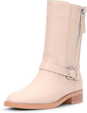 Women's Slip On Low Chunky Heel Buckle Strap Biker Mid Calf Boots
