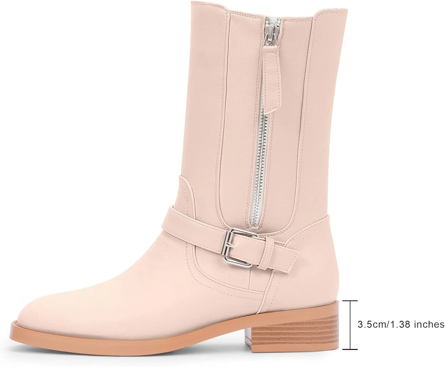 Women's Slip On Low Chunky Heel Buckle Strap Biker Mid Calf Boots