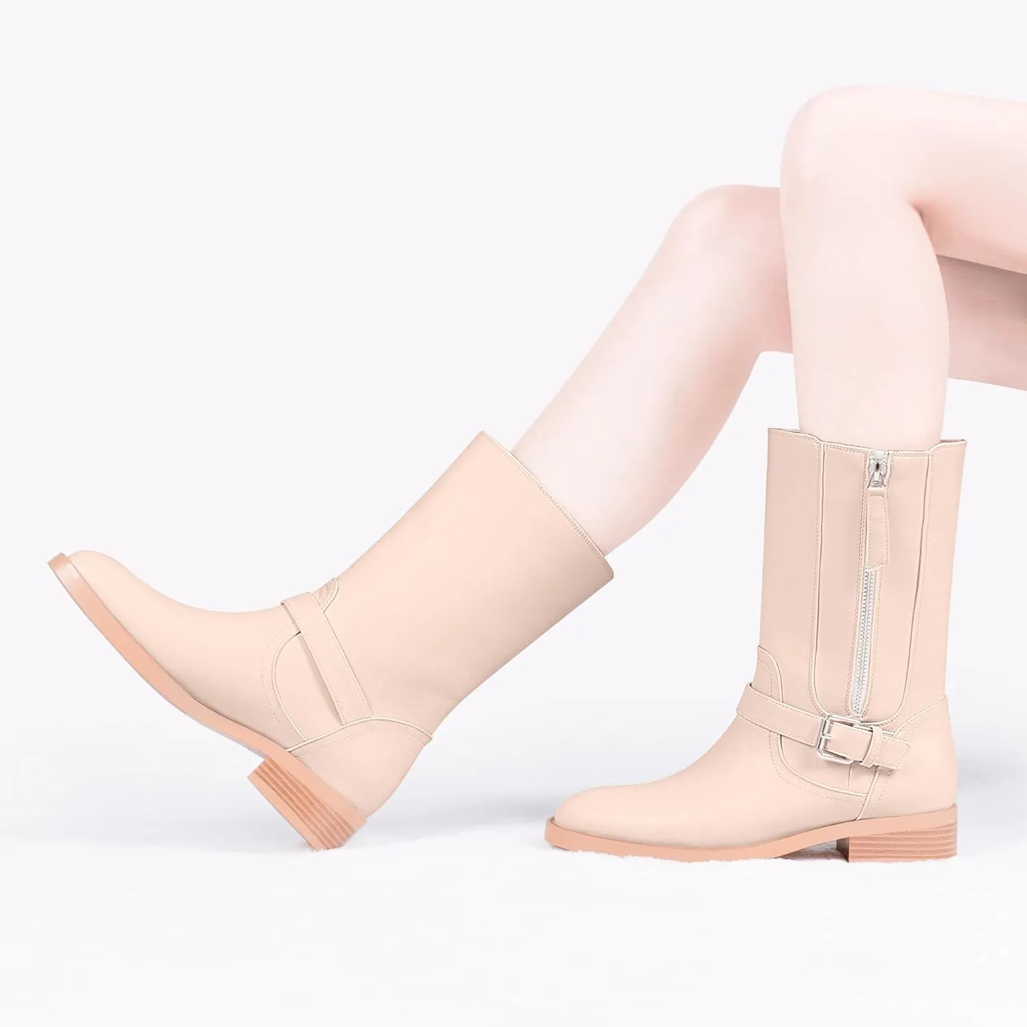 Women's Slip On Low Chunky Heel Buckle Strap Biker Mid Calf Boots