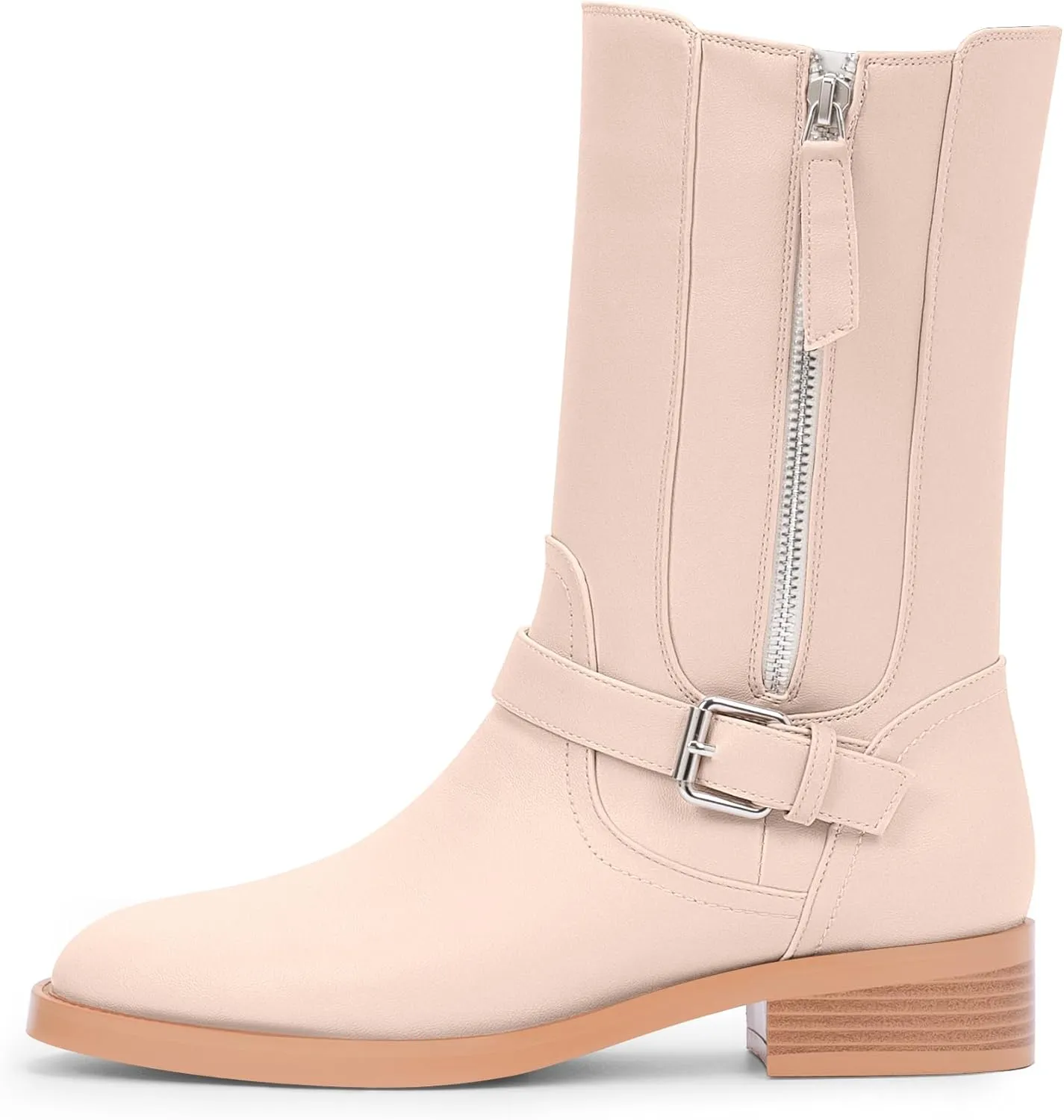 Women's Slip On Low Chunky Heel Buckle Strap Biker Mid Calf Boots