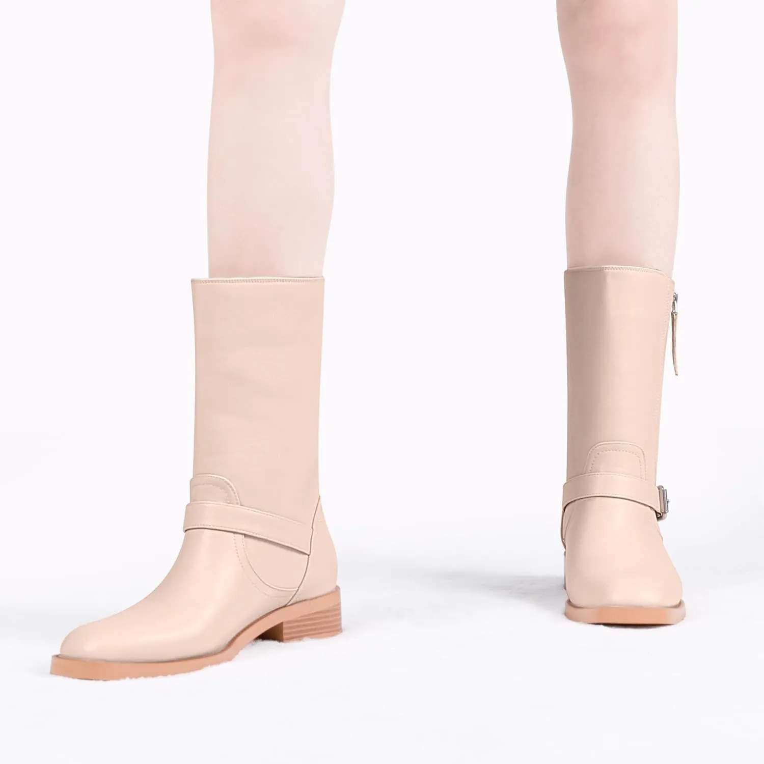Women's Slip On Low Chunky Heel Buckle Strap Biker Mid Calf Boots