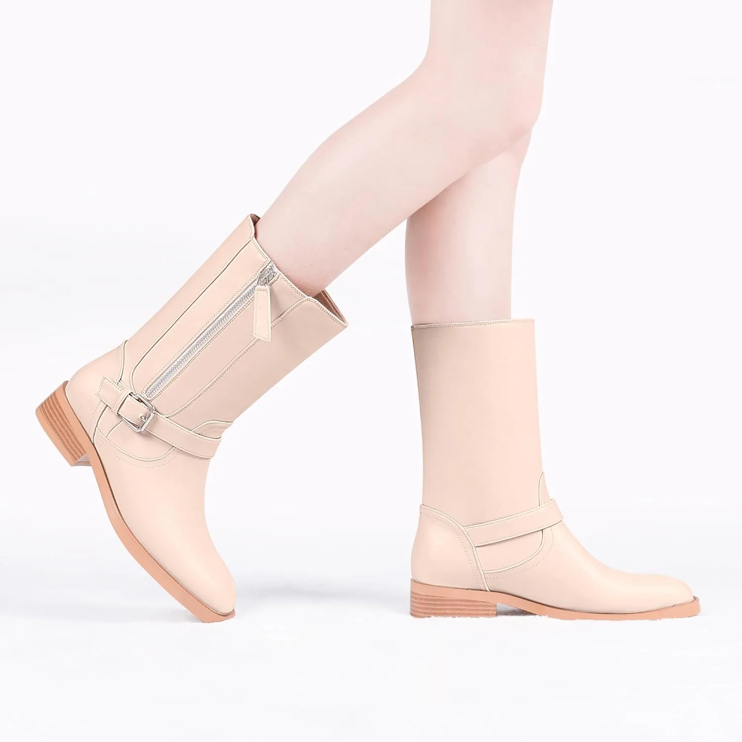 Women's Slip On Low Chunky Heel Buckle Strap Biker Mid Calf Boots