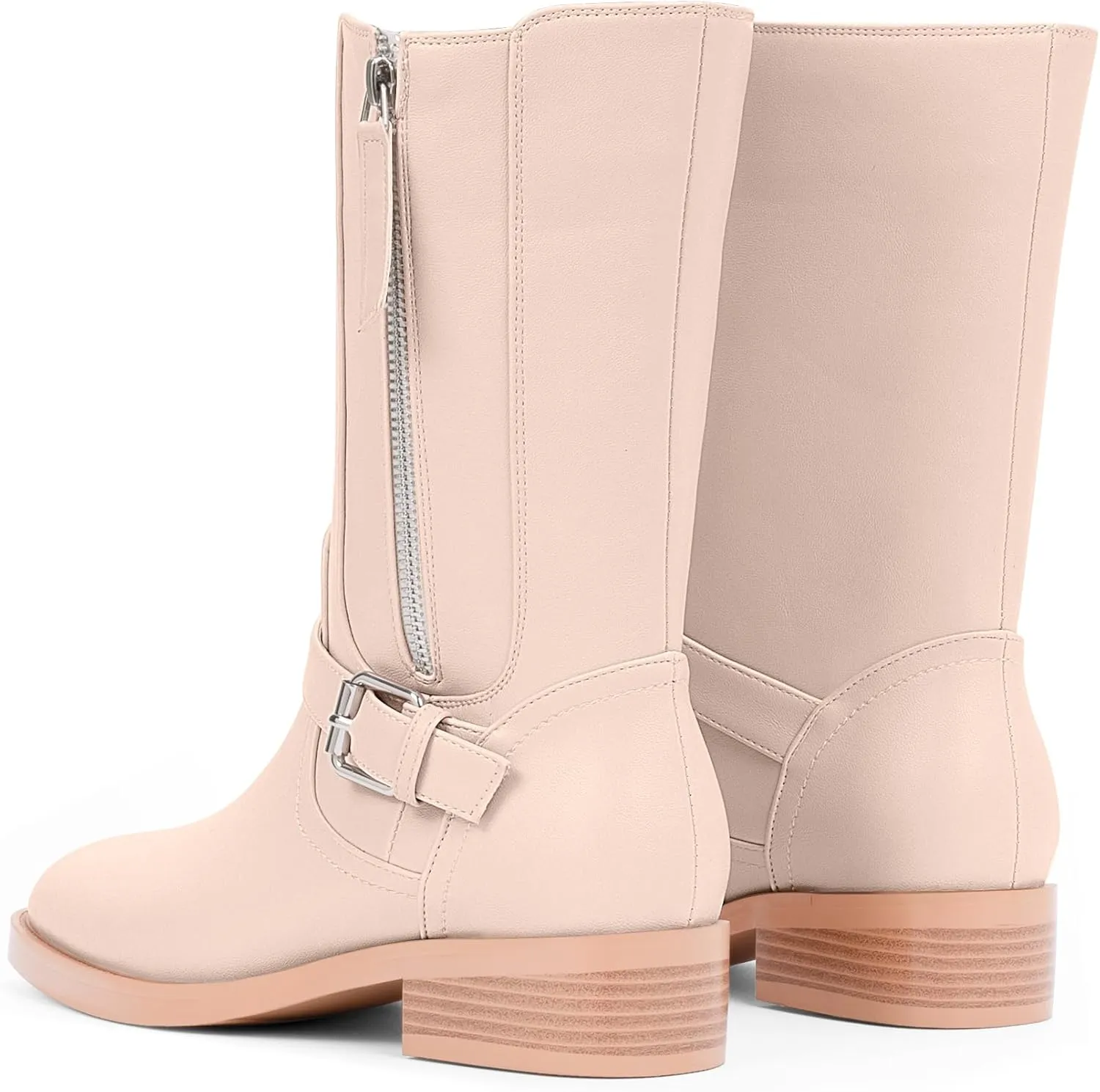Women's Slip On Low Chunky Heel Buckle Strap Biker Mid Calf Boots