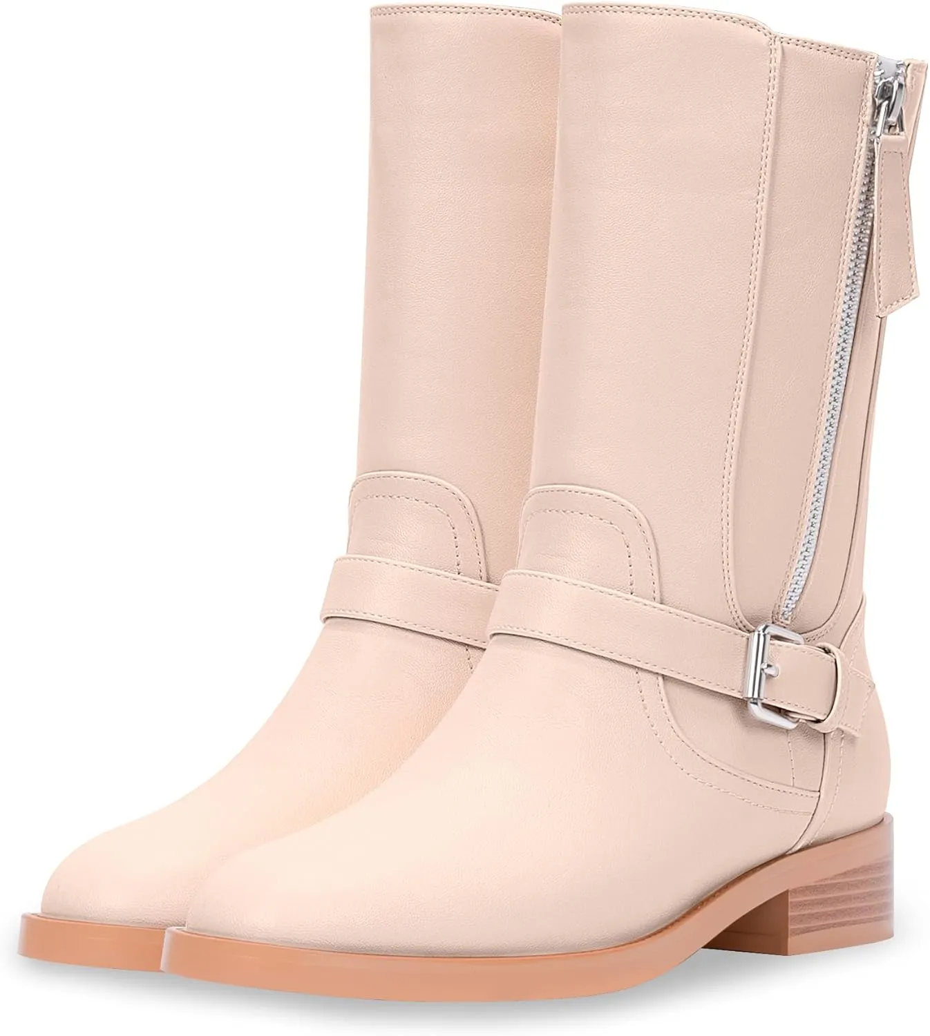 Women's Slip On Low Chunky Heel Buckle Strap Biker Mid Calf Boots