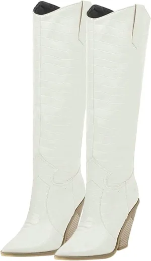 Womens Stacked Chunky Heel Cowgirl Knee High Pointed Toe Cowboy Boots(White,US Size 10)