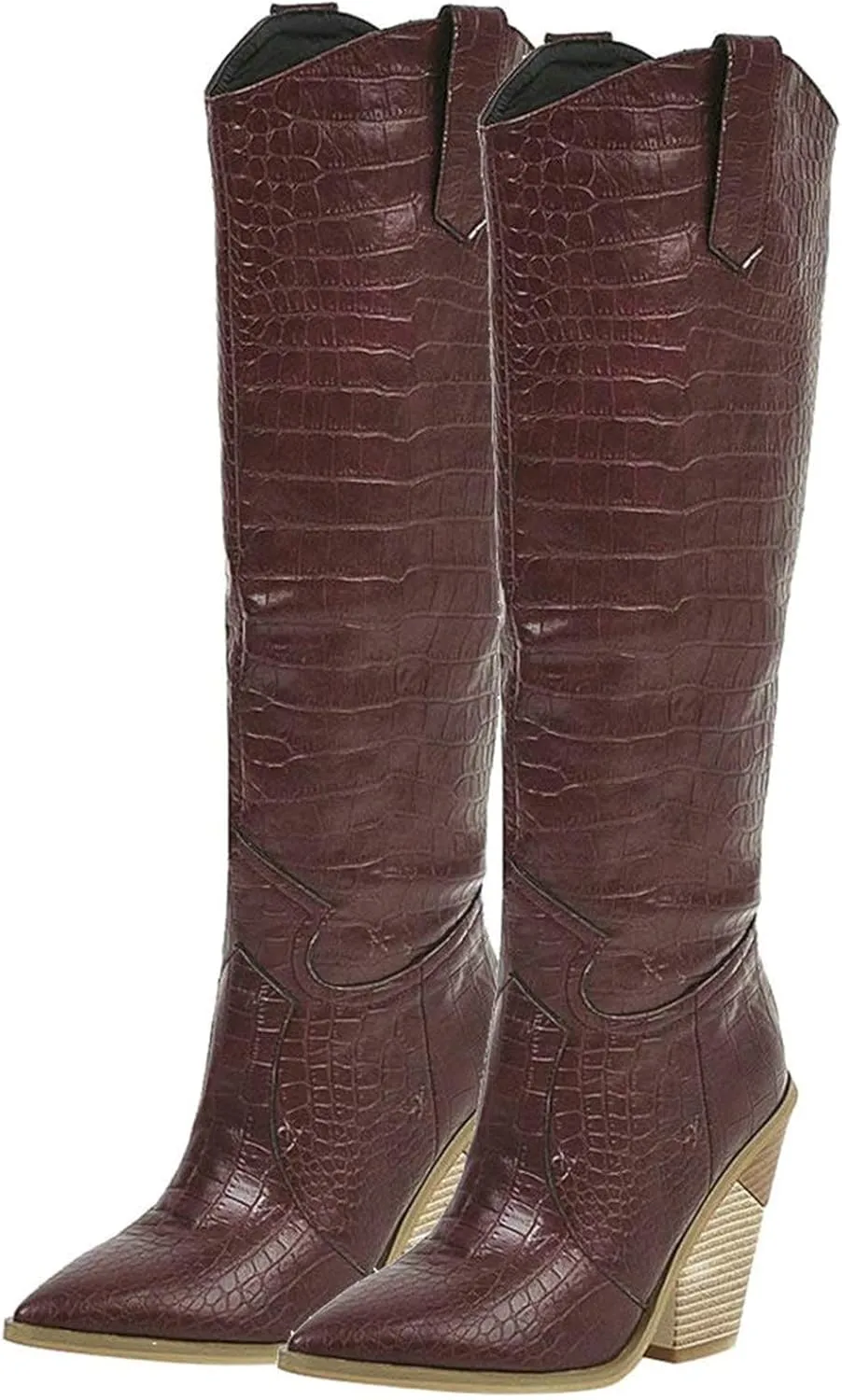 Womens Stacked Chunky Heels Cowgirl Boots Knee High Pointed Toe Cowboy Boots