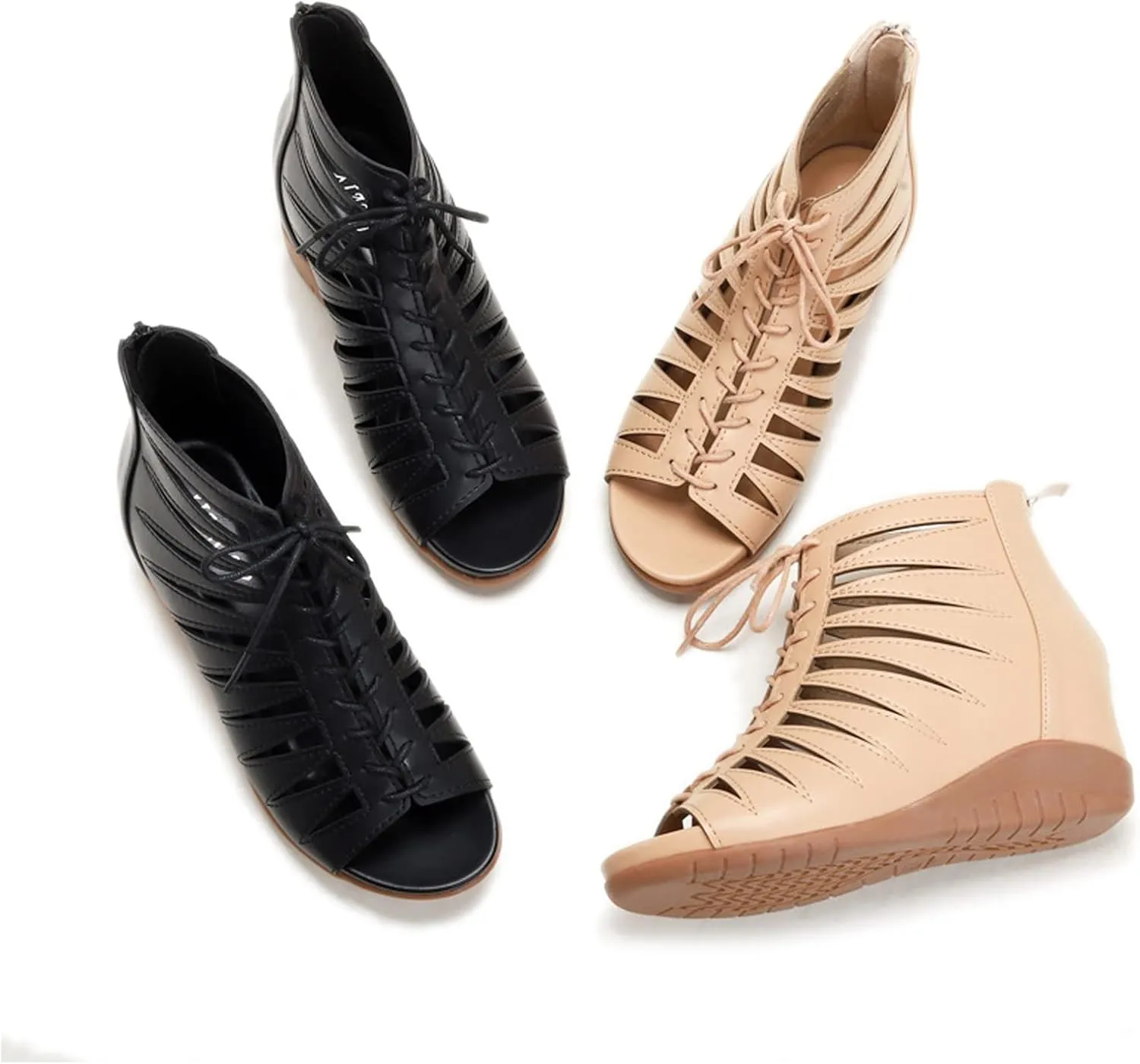 Women's Strappy Peep Toe Zipper Retro Roman Gladiator Wedge Sandals, Fashion Summer Hollow Bohemian Heighten Sandal Beach Heeled Sandals