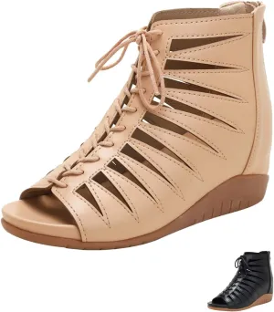 Women's Strappy Peep Toe Zipper Retro Roman Gladiator Wedge Sandals, Fashion Summer Hollow Bohemian Heighten Sandal Beach Heeled Sandals