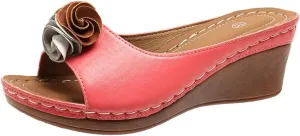 Womens Summer Beach Sandals Wedge Low Open Toe Slides Ladies Dressy Slipper Platform Flower Arch Support Solid Color Orthotic Leather Slip on Walking Casual Sandal Bohemian Fashion Slippers
