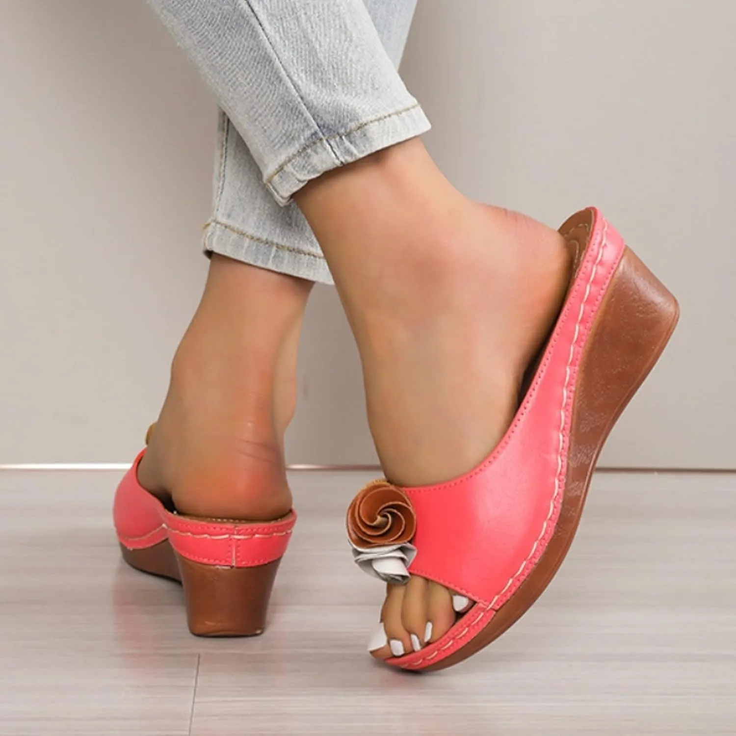 Womens Summer Beach Sandals Wedge Low Open Toe Slides Ladies Dressy Slipper Platform Flower Arch Support Solid Color Orthotic Leather Slip on Walking Casual Sandal Bohemian Fashion Slippers