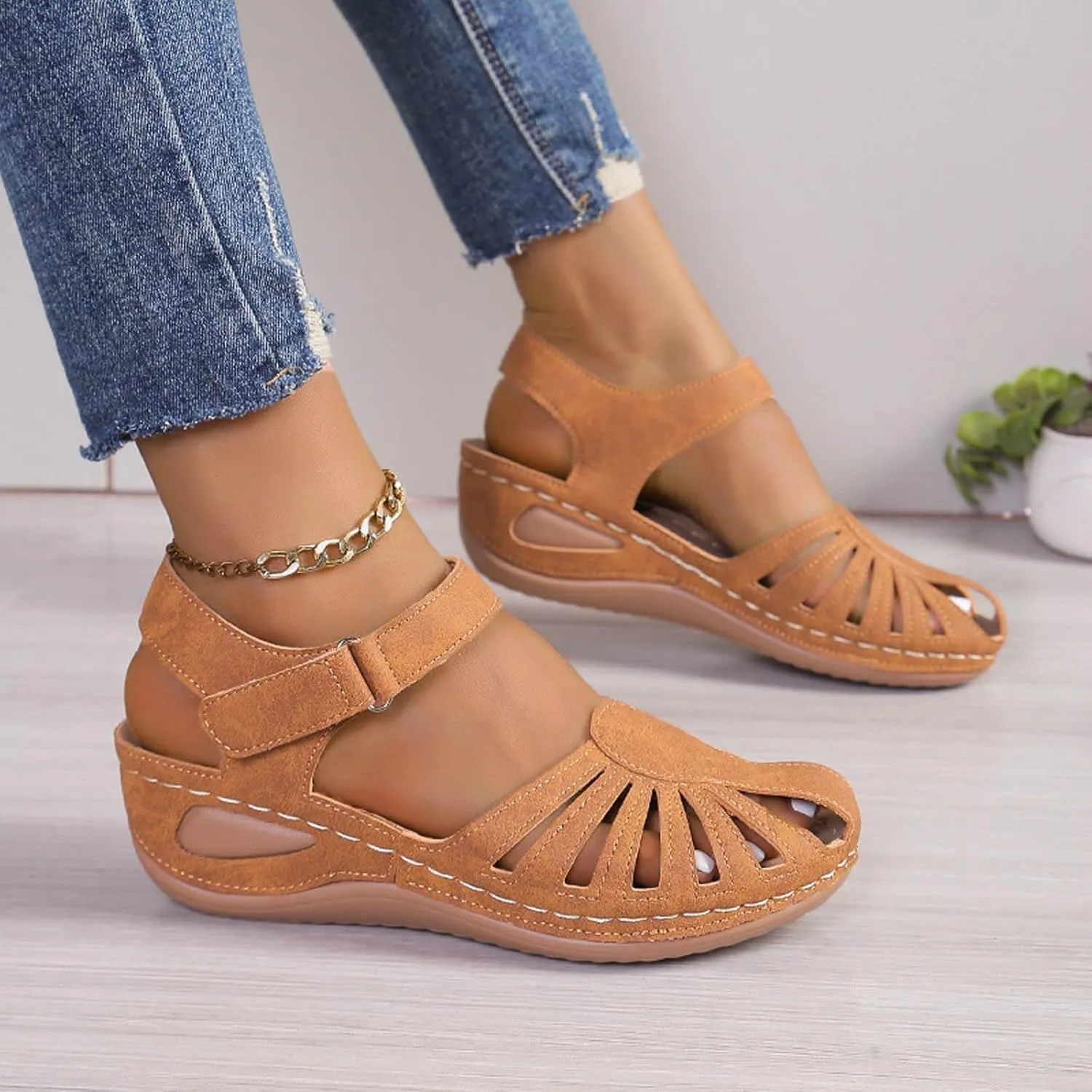 Womens Summer Bohemia Orthopedic Sandals, Vintage Casual Hollow Out Sandals Closed Toe Breathable Ankle Strap Platform Sandal