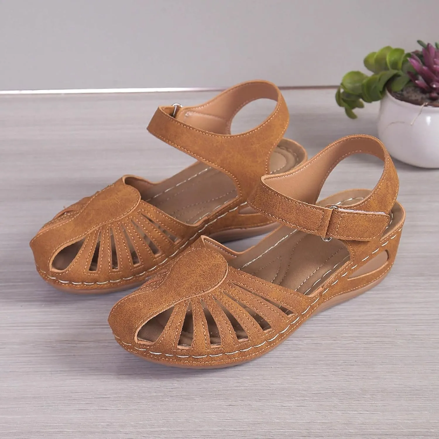 Womens Summer Bohemia Orthopedic Sandals, Vintage Casual Hollow Out Sandals Closed Toe Breathable Ankle Strap Platform Sandal