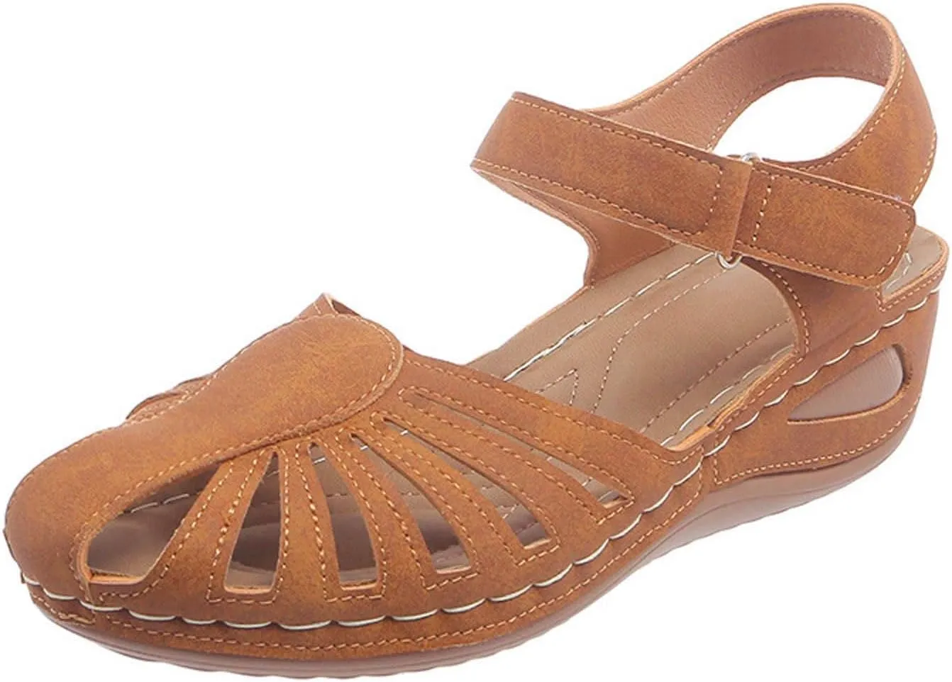 Womens Summer Bohemia Orthopedic Sandals, Vintage Casual Hollow Out Sandals Closed Toe Breathable Ankle Strap Platform Sandal