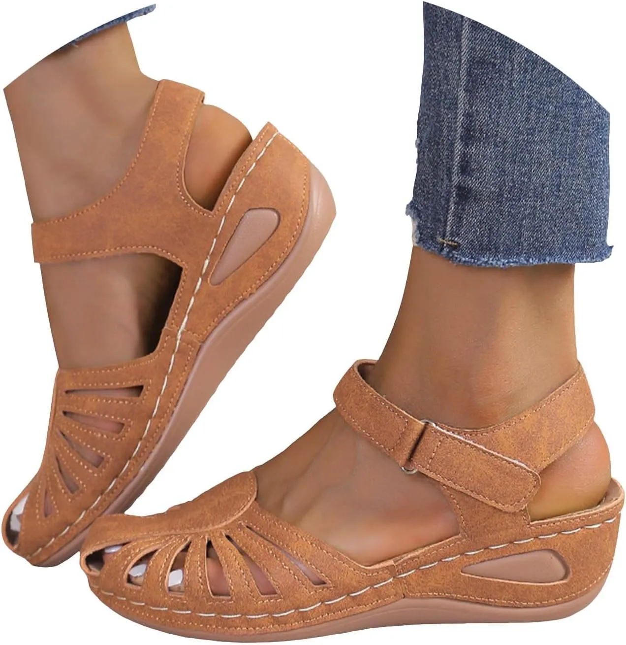 Womens Summer Bohemia Orthopedic Sandals, Vintage Casual Hollow Out Sandals Closed Toe Breathable Ankle Strap Platform Sandal