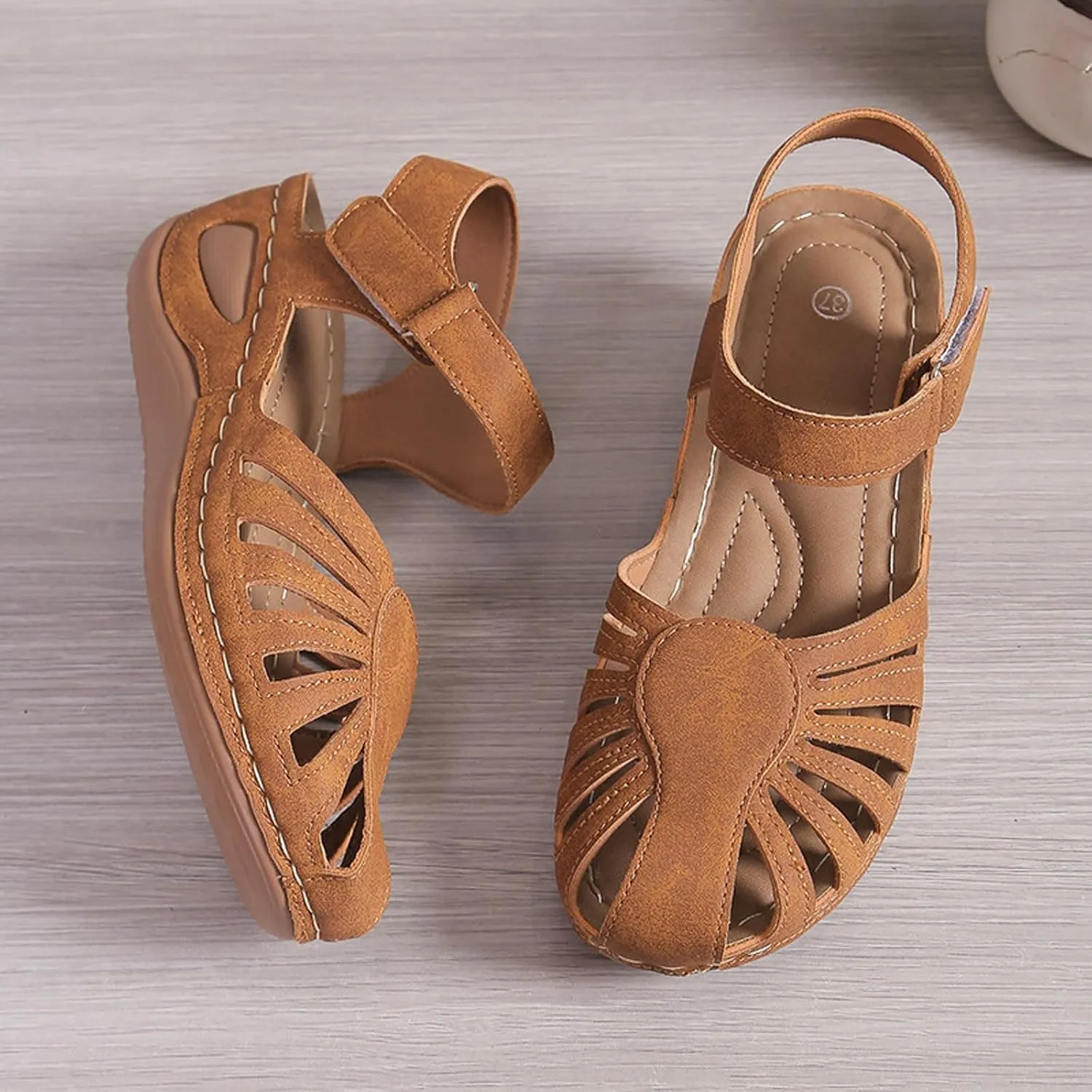 Womens Summer Bohemia Orthopedic Sandals, Vintage Casual Hollow Out Sandals Closed Toe Breathable Ankle Strap Platform Sandal