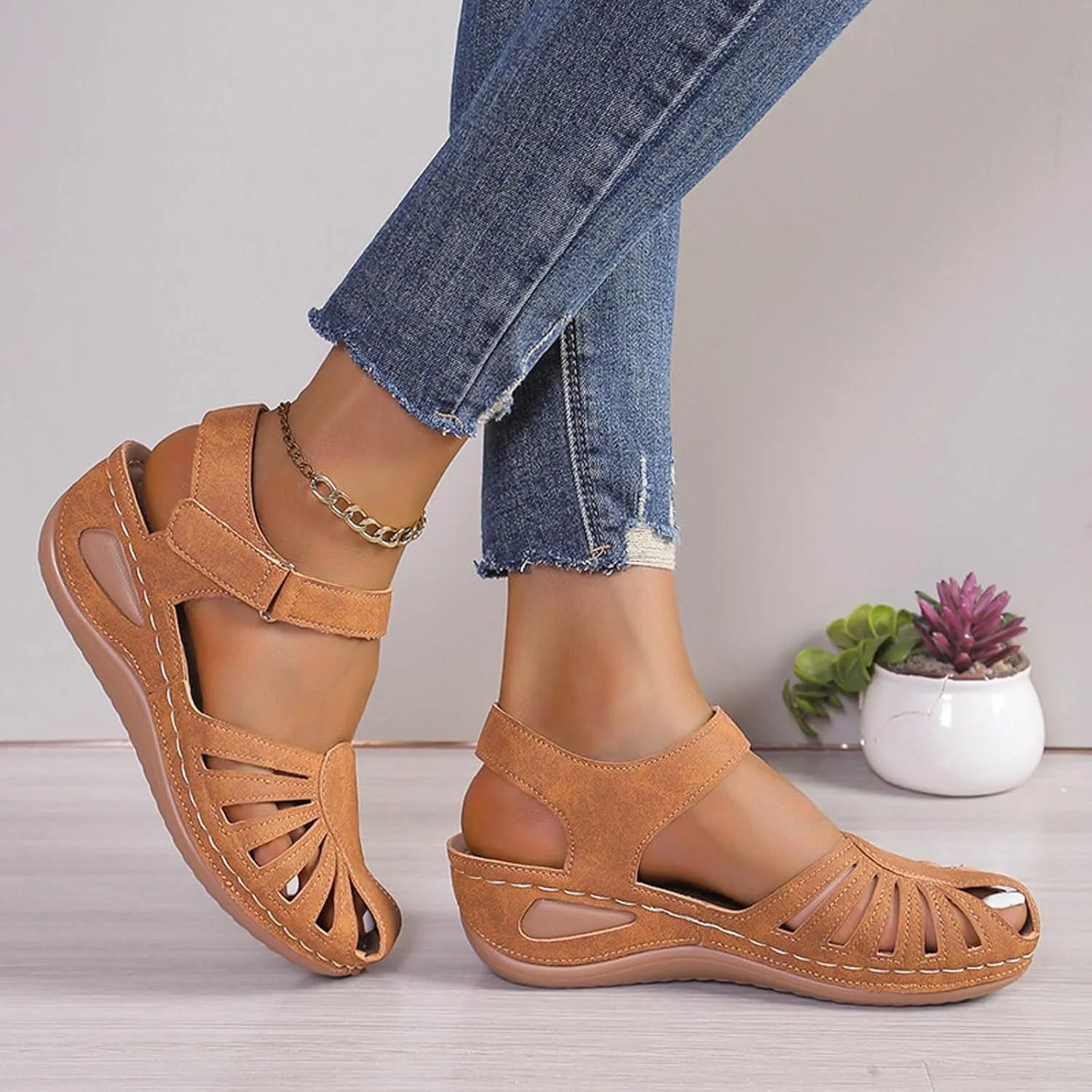 Womens Summer Bohemia Orthopedic Sandals, Vintage Casual Hollow Out Sandals Closed Toe Breathable Ankle Strap Platform Sandal