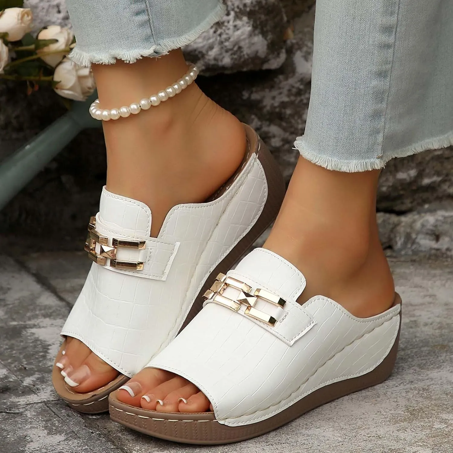 Women's Summer Casual Slip On Open Toe Wedge Sandals Comfortable Beach Shoes for Daily Wear