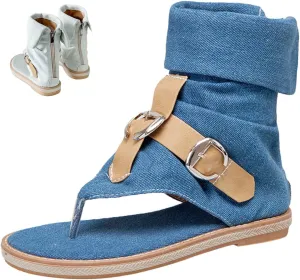 Women's Summer Denim Boho Gladiator Flat Sandals,High Top Double Buckle Strap Back Zip Hippie Thong Shoes Flip Flops