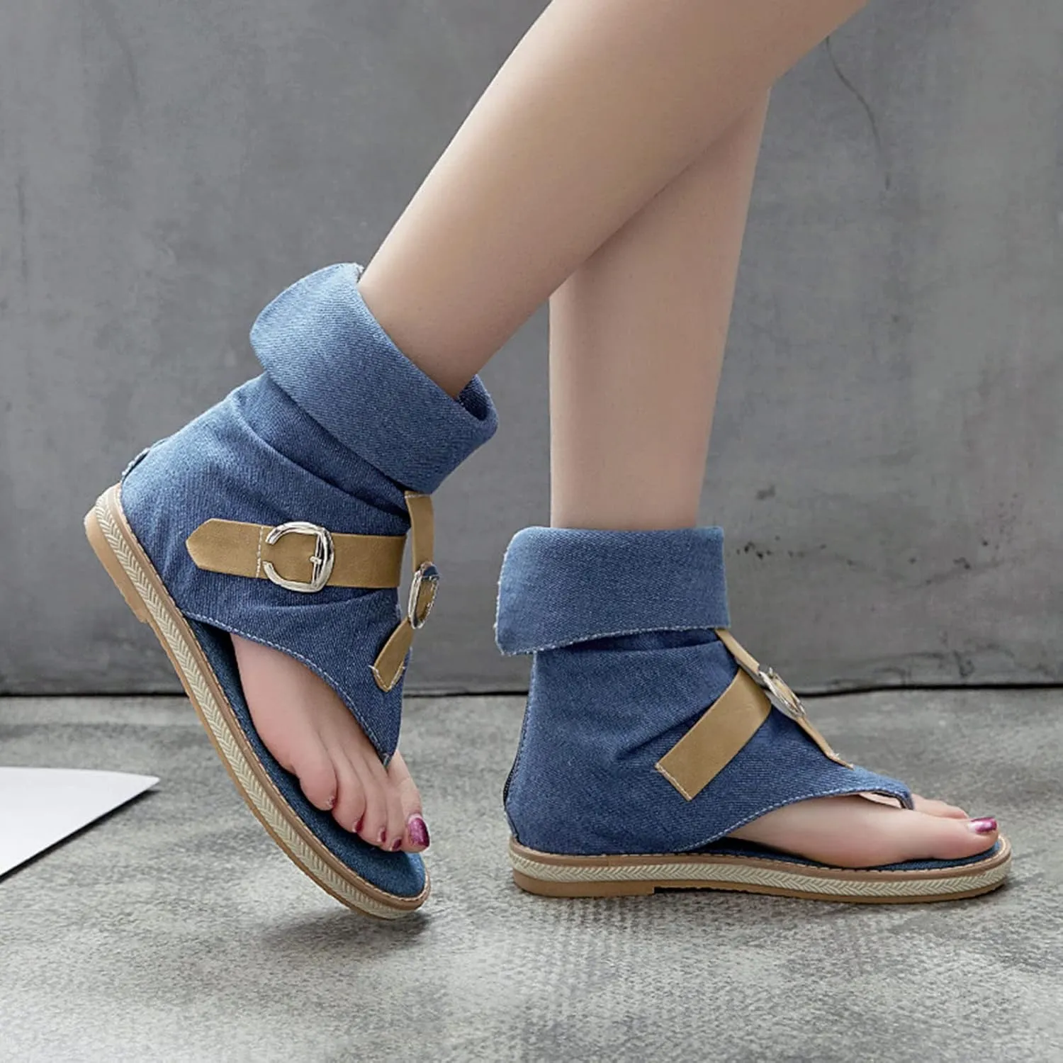 Women's Summer Denim Boho Gladiator Flat Sandals,High Top Double Buckle Strap Back Zip Hippie Thong Shoes Flip Flops