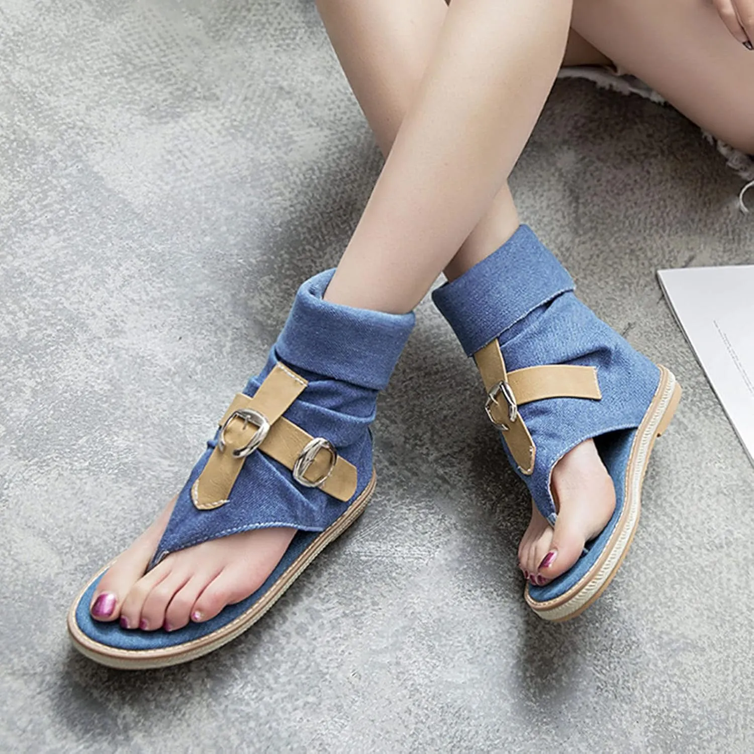 Women's Summer Denim Boho Gladiator Flat Sandals,High Top Double Buckle Strap Back Zip Hippie Thong Shoes Flip Flops