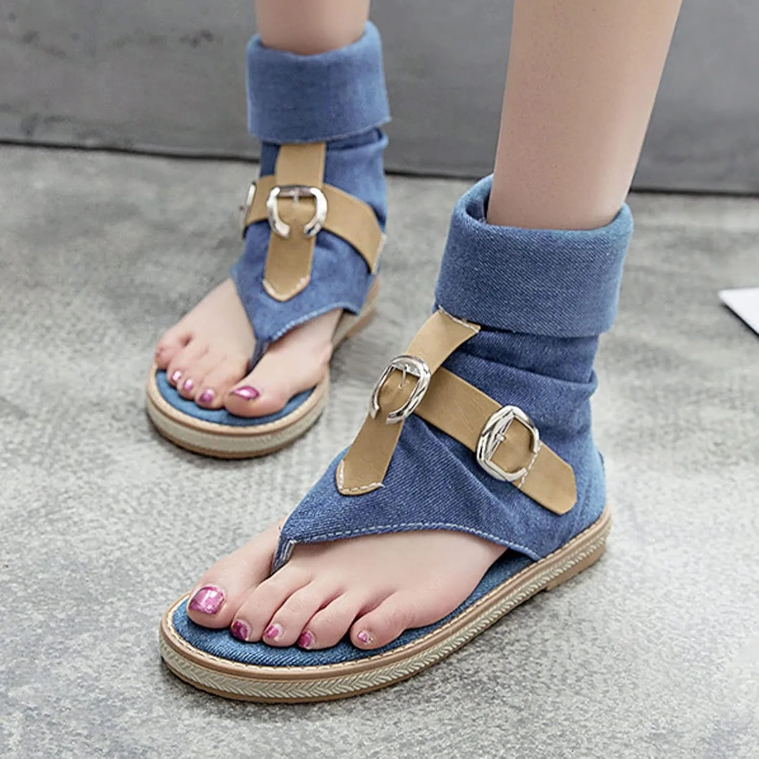 Women's Summer Denim Boho Gladiator Flat Sandals,High Top Double Buckle Strap Back Zip Hippie Thong Shoes Flip Flops