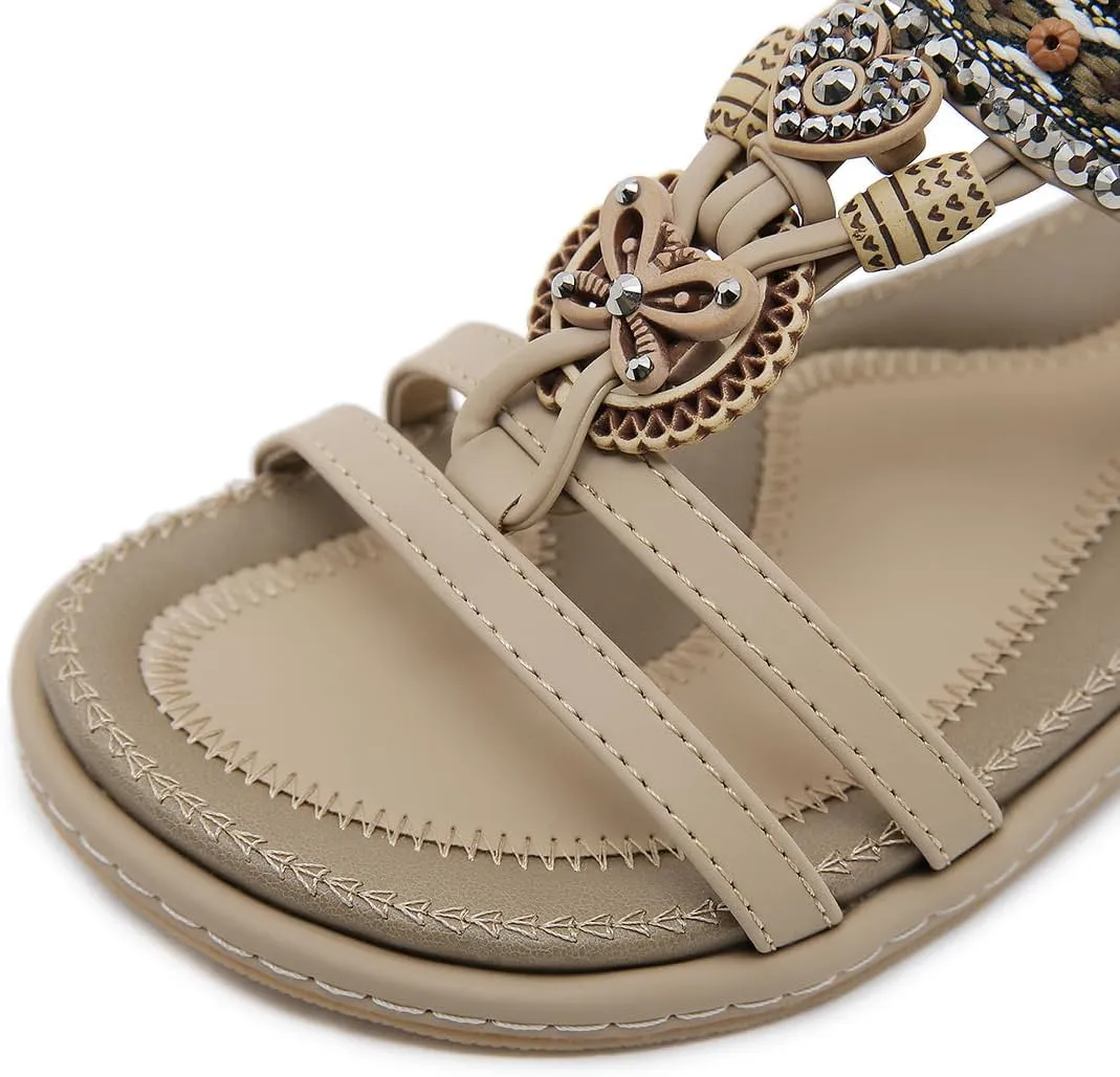 Womens Summer Flats Sandals Casual Summer Comfortable Ankle Elastic Jeweled Bohemian Flat Sandals