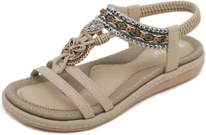Womens Summer Flats Sandals Casual Summer Comfortable Ankle Elastic Jeweled Bohemian Flat Sandals