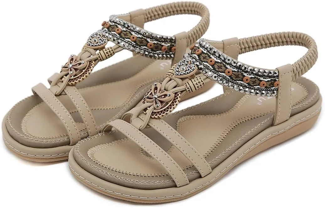 Womens Summer Flats Sandals Casual Summer Comfortable Ankle Elastic Jeweled Bohemian Flat Sandals