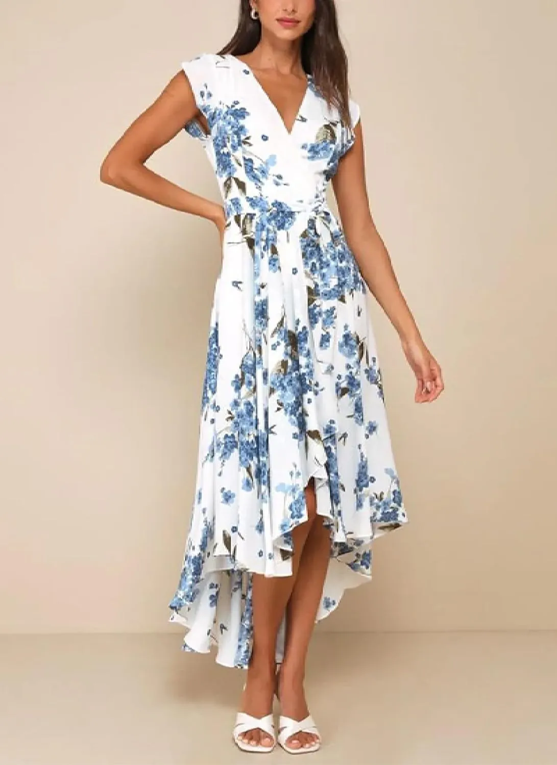 Women's Summer Floral Print V-Neck Sleeveless Wrap Maxi Dress Elegant Beach Casual Everyday Dress
