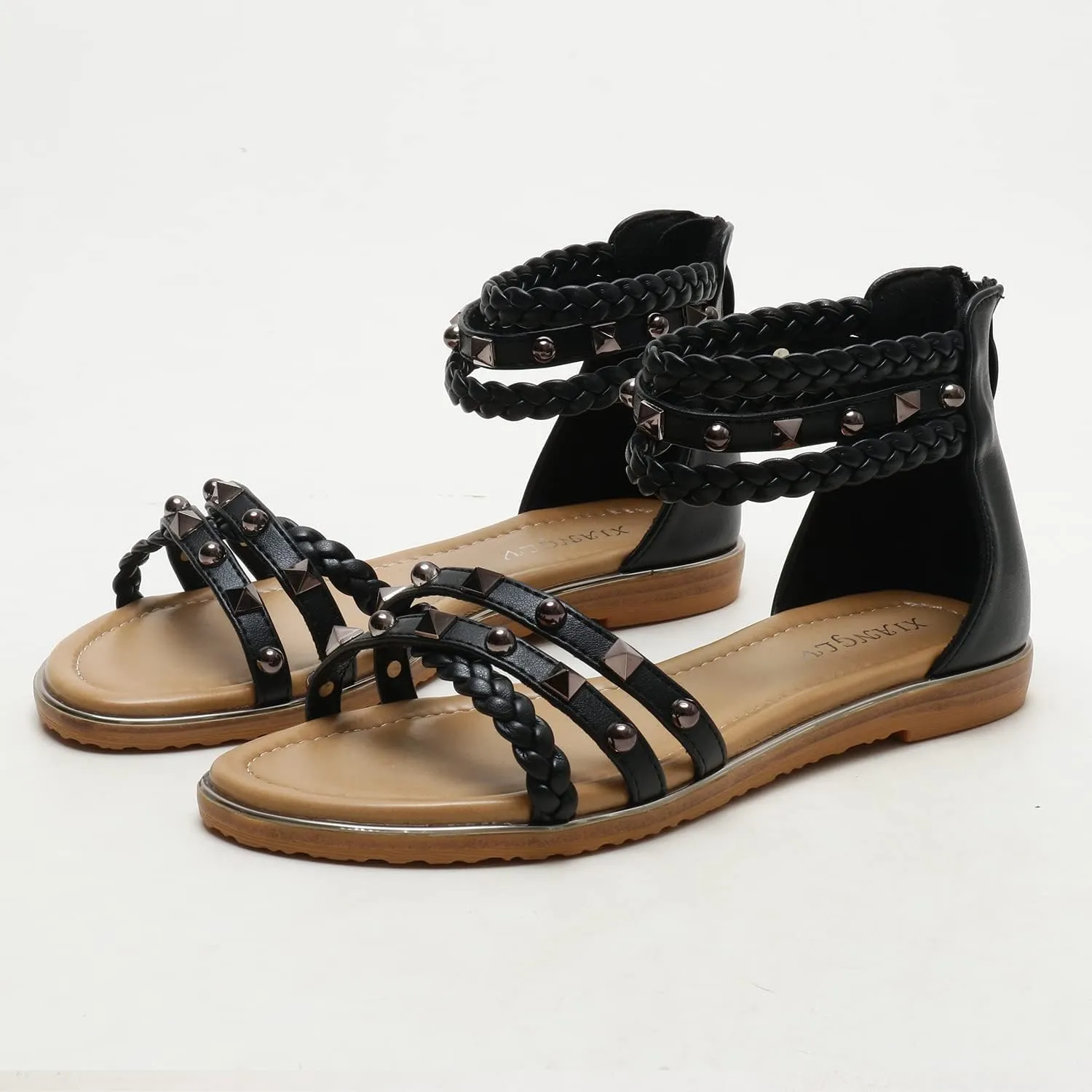 Womens Summer Rhinestone Embellished Flat Braided Shoes Studding Gladiator Sandals with Zipper Closure