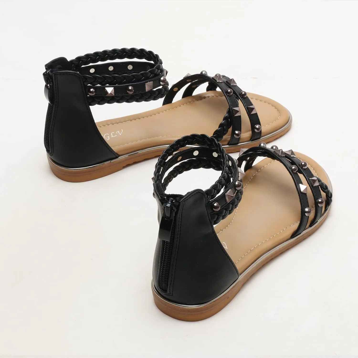 Womens Summer Rhinestone Embellished Flat Braided Shoes Studding Gladiator Sandals with Zipper Closure