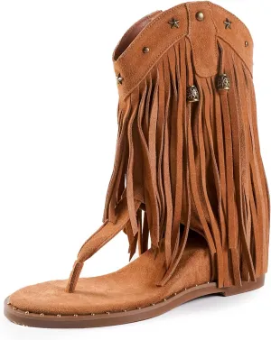 Women's Tassel Gladiator Flat Sandals Roman Flip Flops Thong Sandals with Rivets Summer Western Ankle Boots Bohemian Fringe Flats for Women