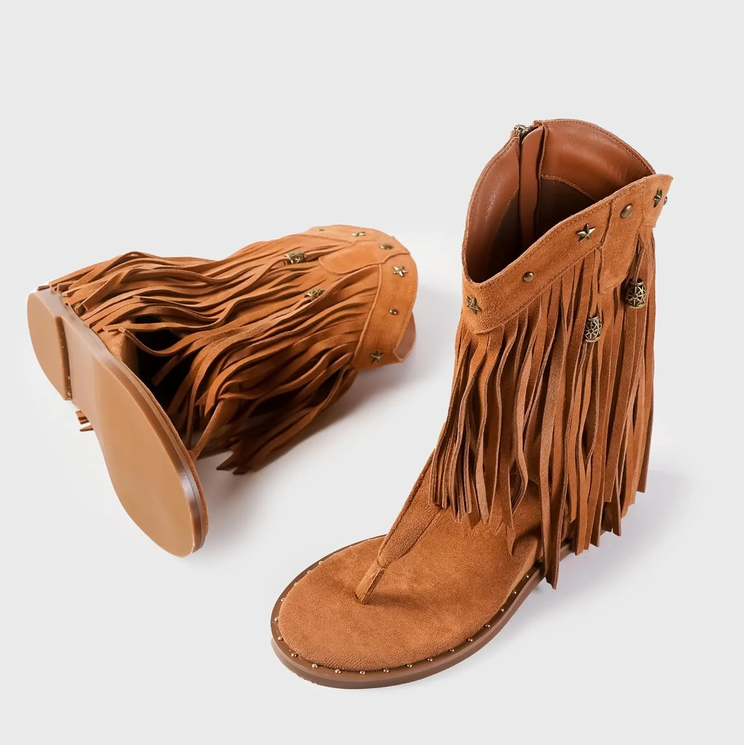 Women's Tassel Gladiator Flat Sandals Roman Flip Flops Thong Sandals with Rivets Summer Western Ankle Boots Bohemian Fringe Flats for Women