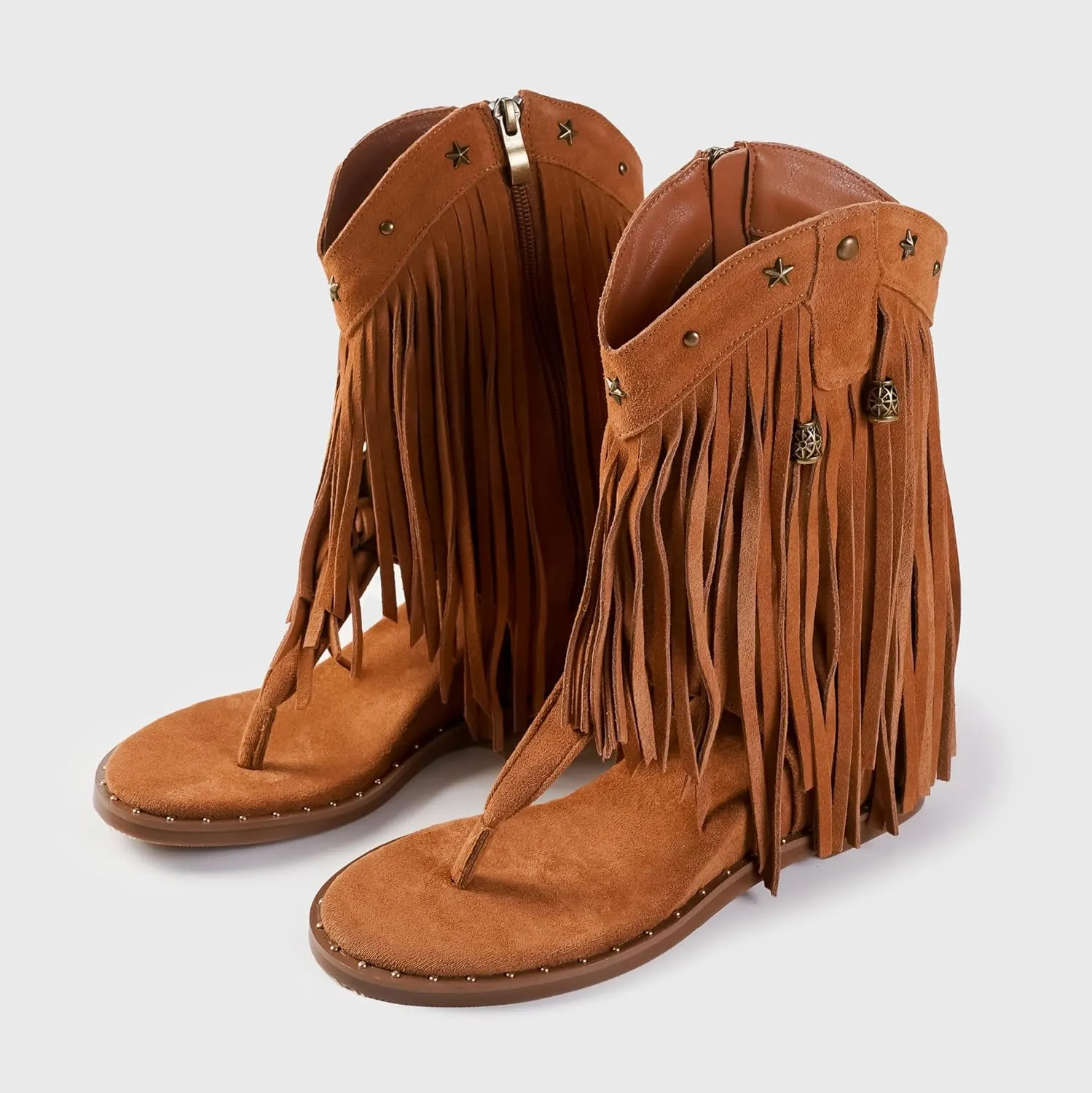 Women's Tassel Gladiator Flat Sandals Roman Flip Flops Thong Sandals with Rivets Summer Western Ankle Boots Bohemian Fringe Flats for Women