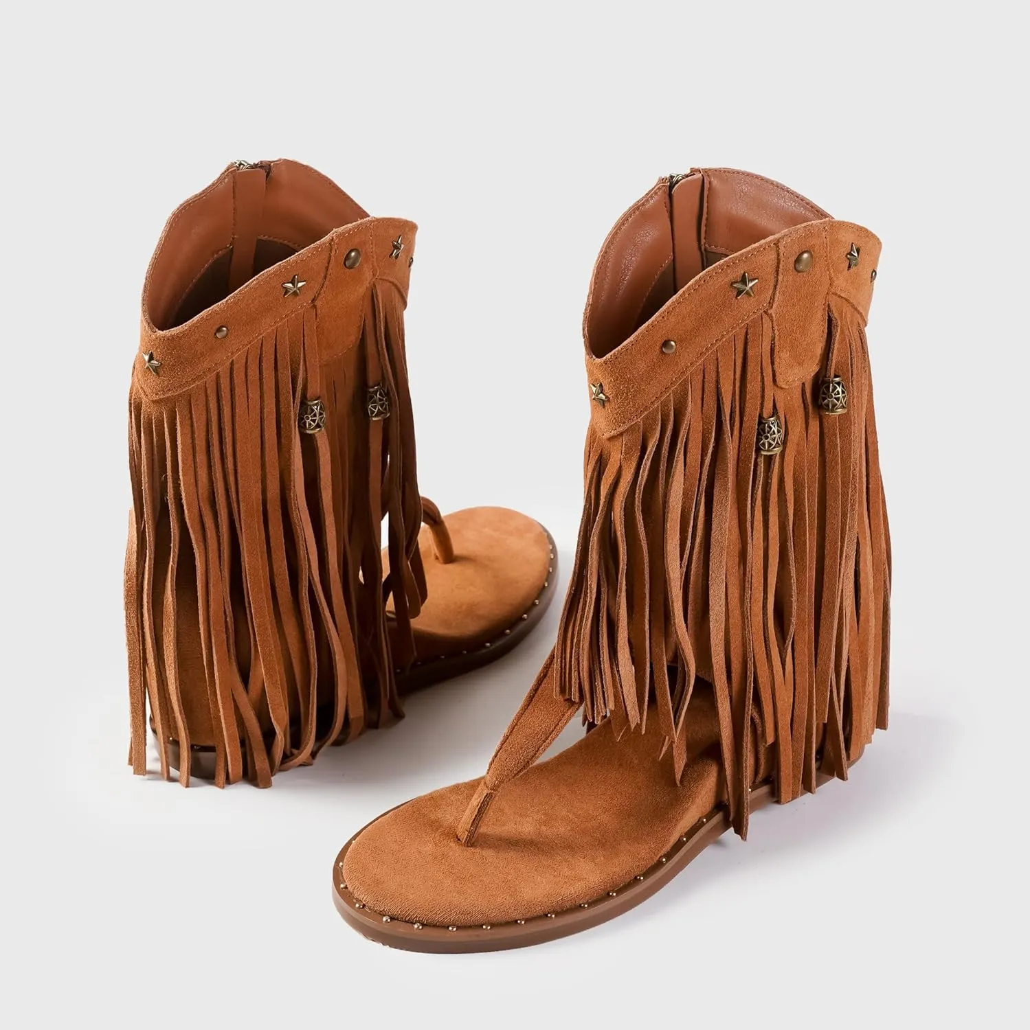 Women's Tassel Gladiator Flat Sandals Roman Flip Flops Thong Sandals with Rivets Summer Western Ankle Boots Bohemian Fringe Flats for Women