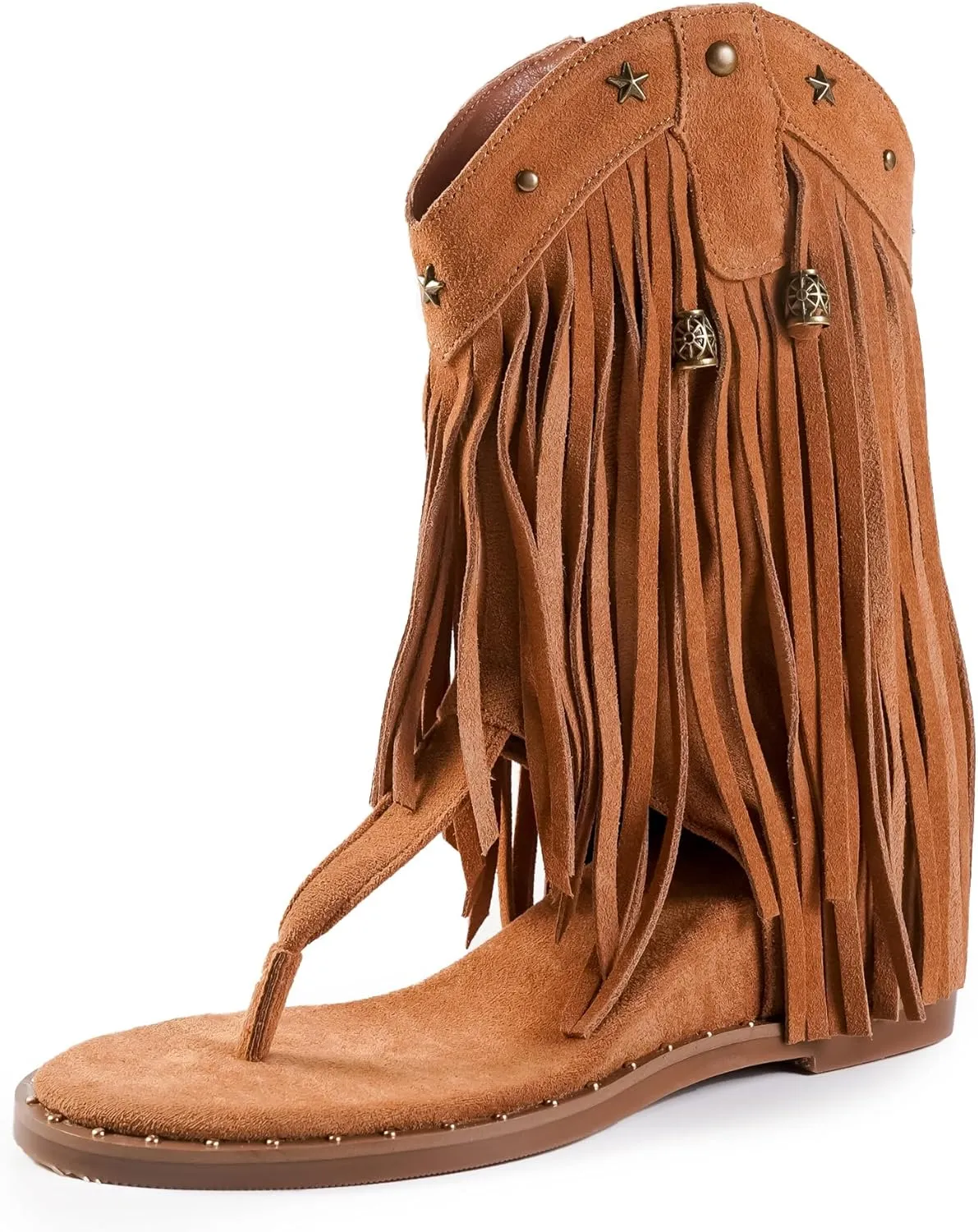 Women's Tassel Gladiator Flat Sandals Roman Flip Flops Thong Sandals with Rivets Summer Western Ankle Boots Bohemian Fringe Flats for Women