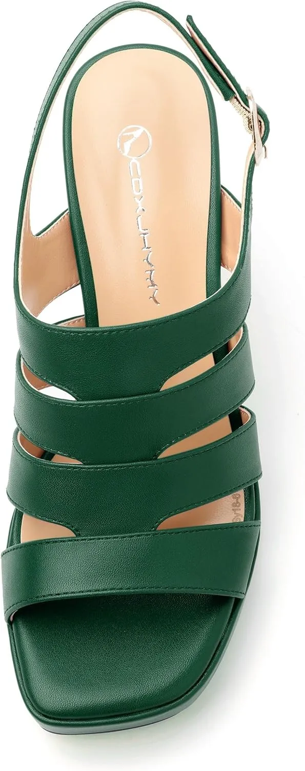 Women's thick soled sandals, square open toe thick heel women's ankle strap sandals, buckle leather insole sandals 3.3 inches, sexy thick heel sandals
