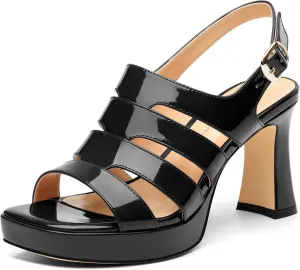 Women's thick soled sandals, square open toe thick heel women's ankle strap sandals, buckle leather insole sandals 3.3 inches, sexy thick heel sandals