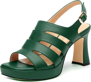 Women's thick soled sandals, square open toe thick heel women's ankle strap sandals, buckle leather insole sandals 3.3 inches, sexy thick heel sandals