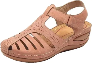 Womens Vintage Hollow Wedge Sandals Summer Casual Closed Toe Soft PU Leather Hook and Loop Non-Slip Platform Sandals Lightweight Comfy Beach Shoes
