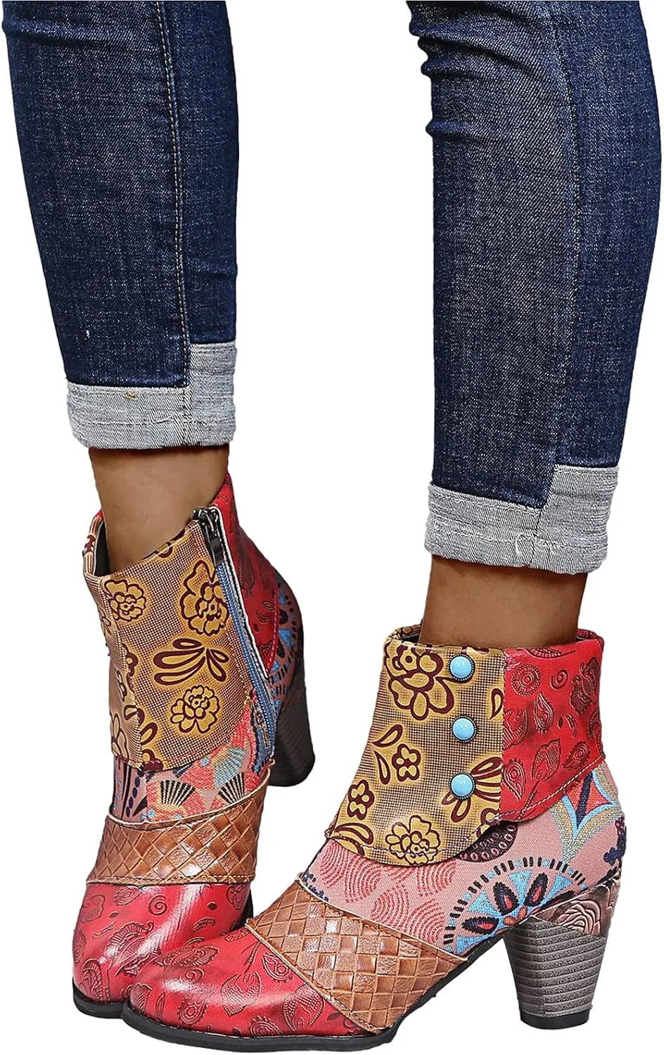 Womens Vintage Print Short Leather Boots Fashion Casual Retro National-Style Splicing Mid Thick Heel Zipper Comfortable Shoes